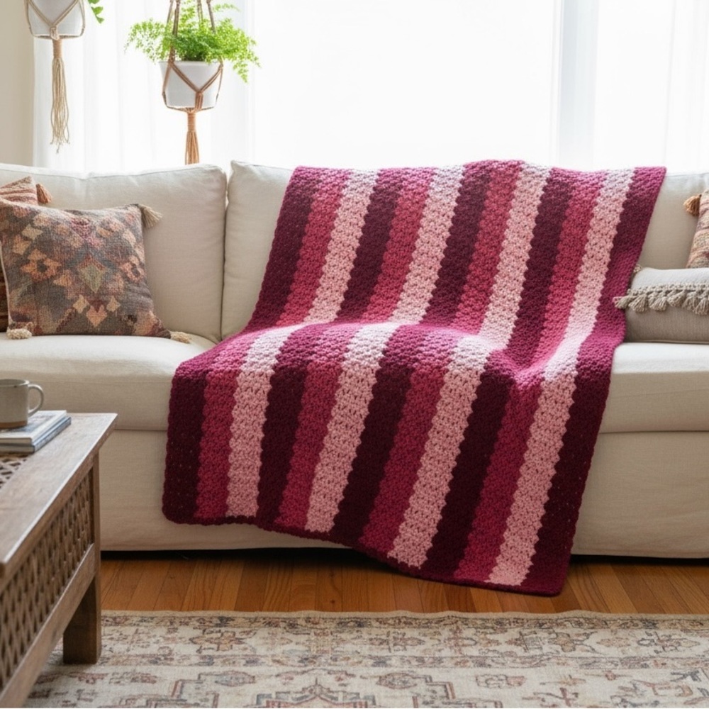 HANDMADE Crochet Knit Blanket Purple Pink 54x96